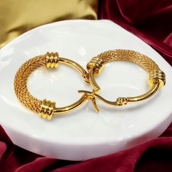 🆕️Chic Elegance: 18K Gold Plated Stainless Steel Mesh Trendy Hoop Earrings - Picture 15 of 16